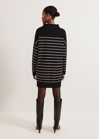 Phase Eight Skylar Stripe Funnel Neck Dress Black/White Canada | KQWSCU-942